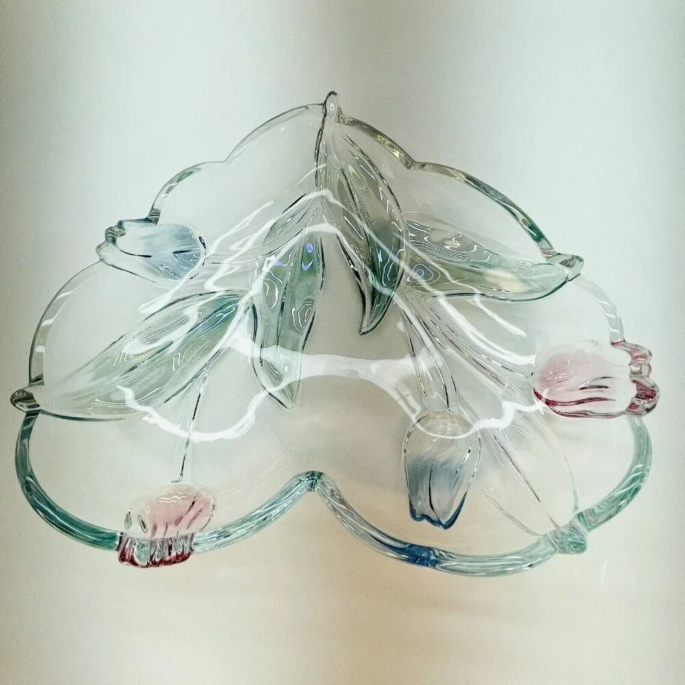 Mikasa Tivoli Crystal Serving Tray Heart Shaped W Blue Red Tulips Germany 9.5" - Picture 4 of 11